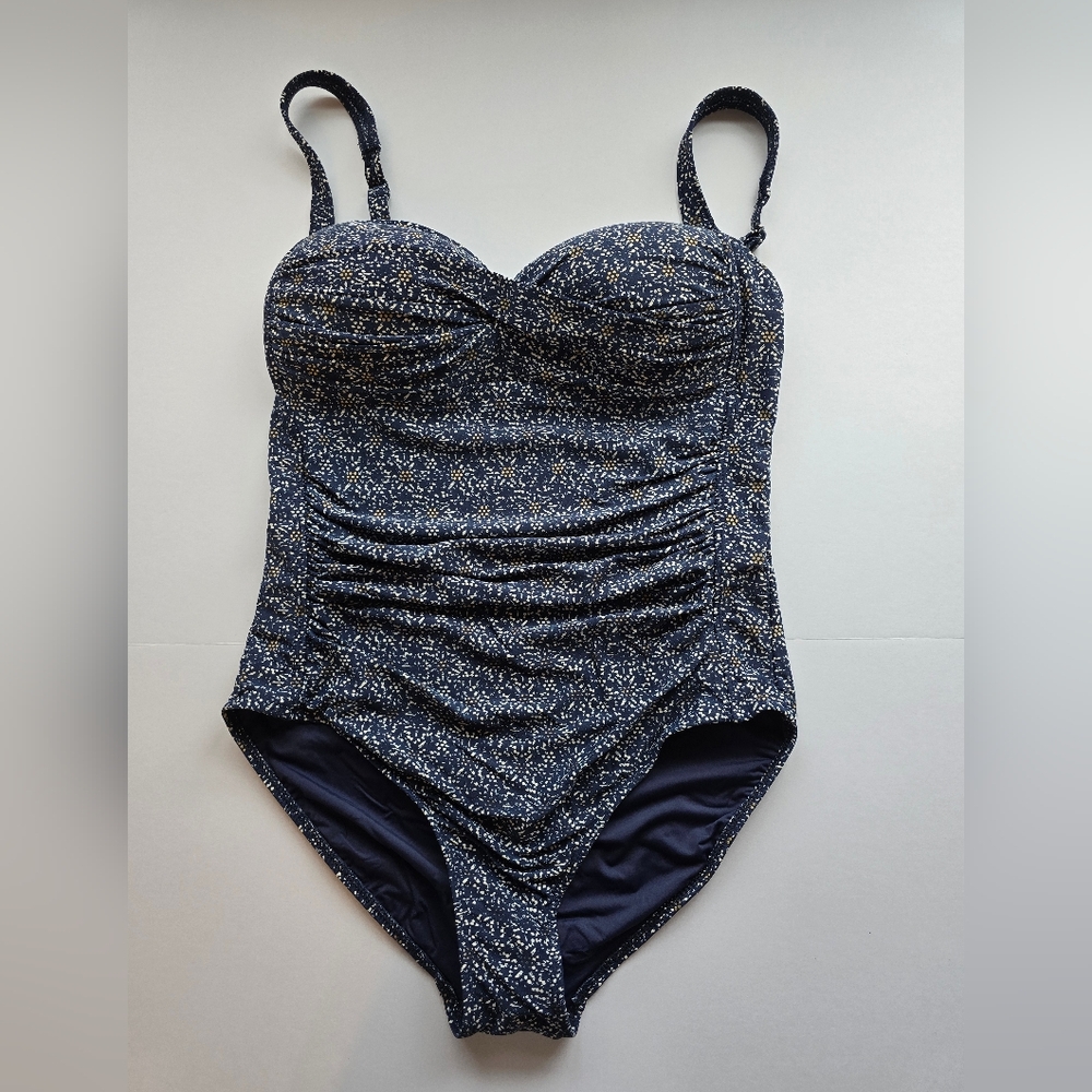 Niptuck Size 10 Navy Blue and White Swimsuit With Gold Flowers Slimming Cruise - Picture 3 of 7